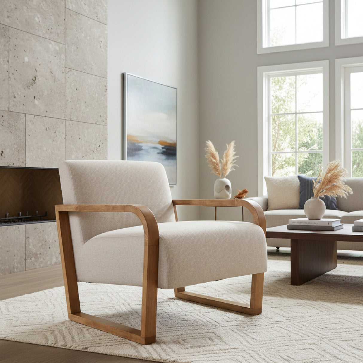 Beige Linen Accent Chair – Sada – angled view