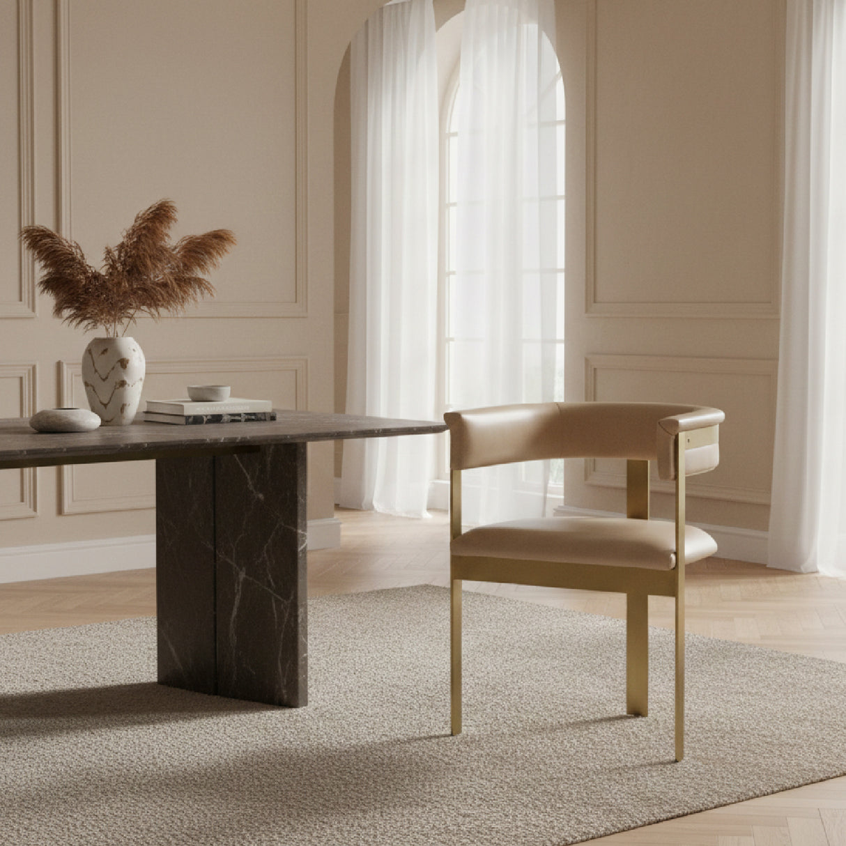 Brown Leather Curved Dining Chair – Boswell – angled view