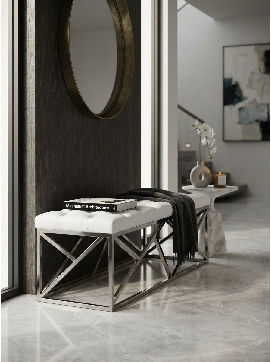 Tufted White Vegan Leather Bench | OROA Modern Lindsey