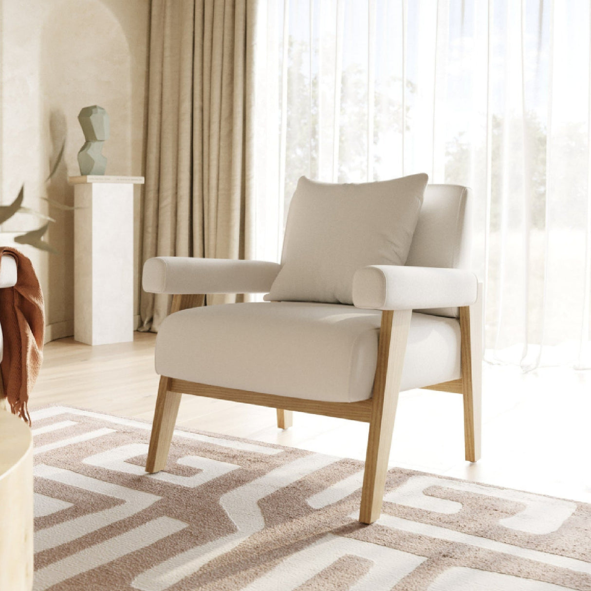 White Fabric Accent Chair – Cynthia – angled view
