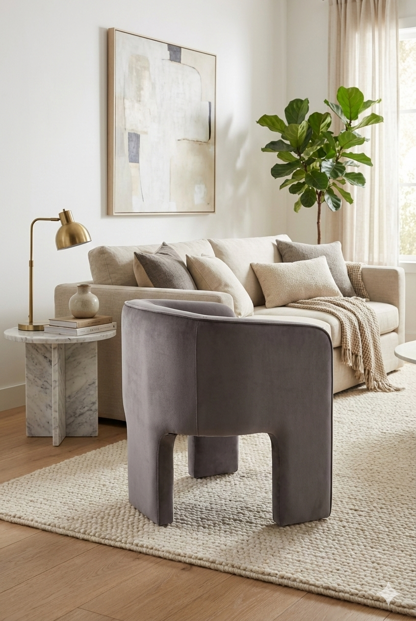 Three-Legged Velvet Accent Chair – Kyle – angled view