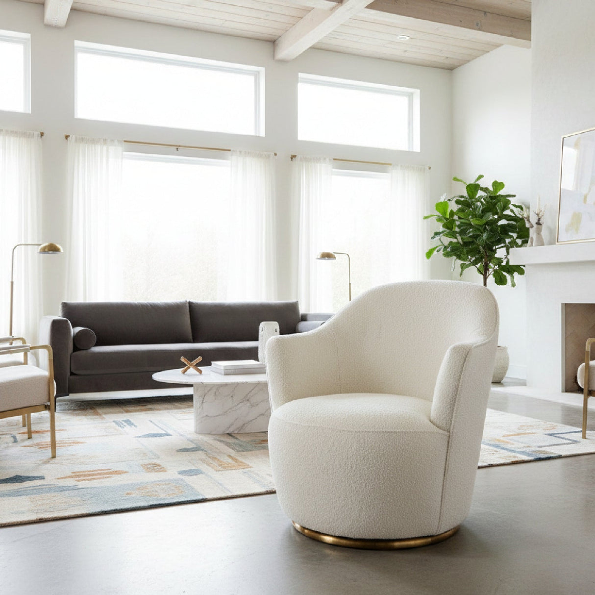 White Sherpa Swivel Accent Chair – Vera – angled view