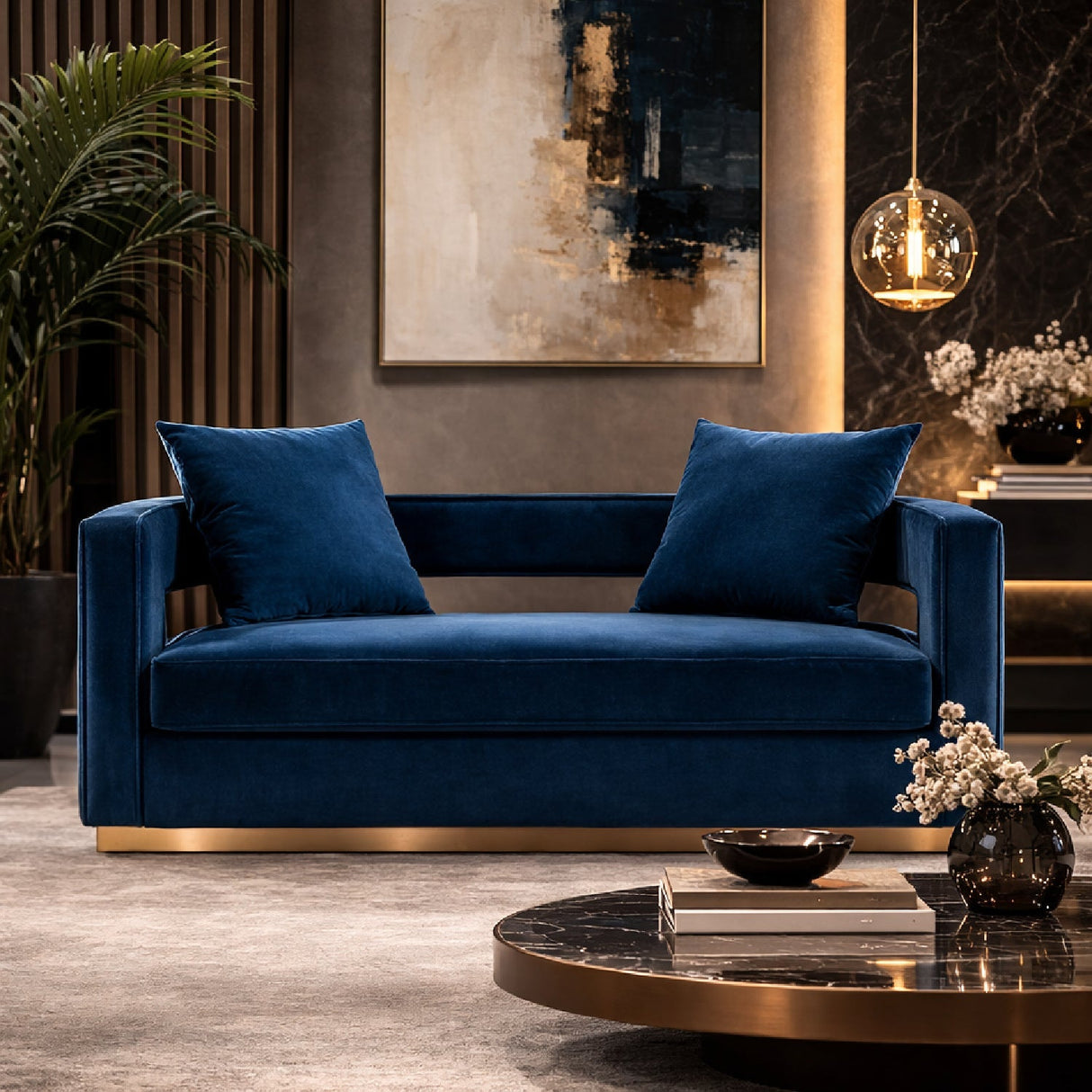 Blue Velvet Loveseat – Wells – angled view