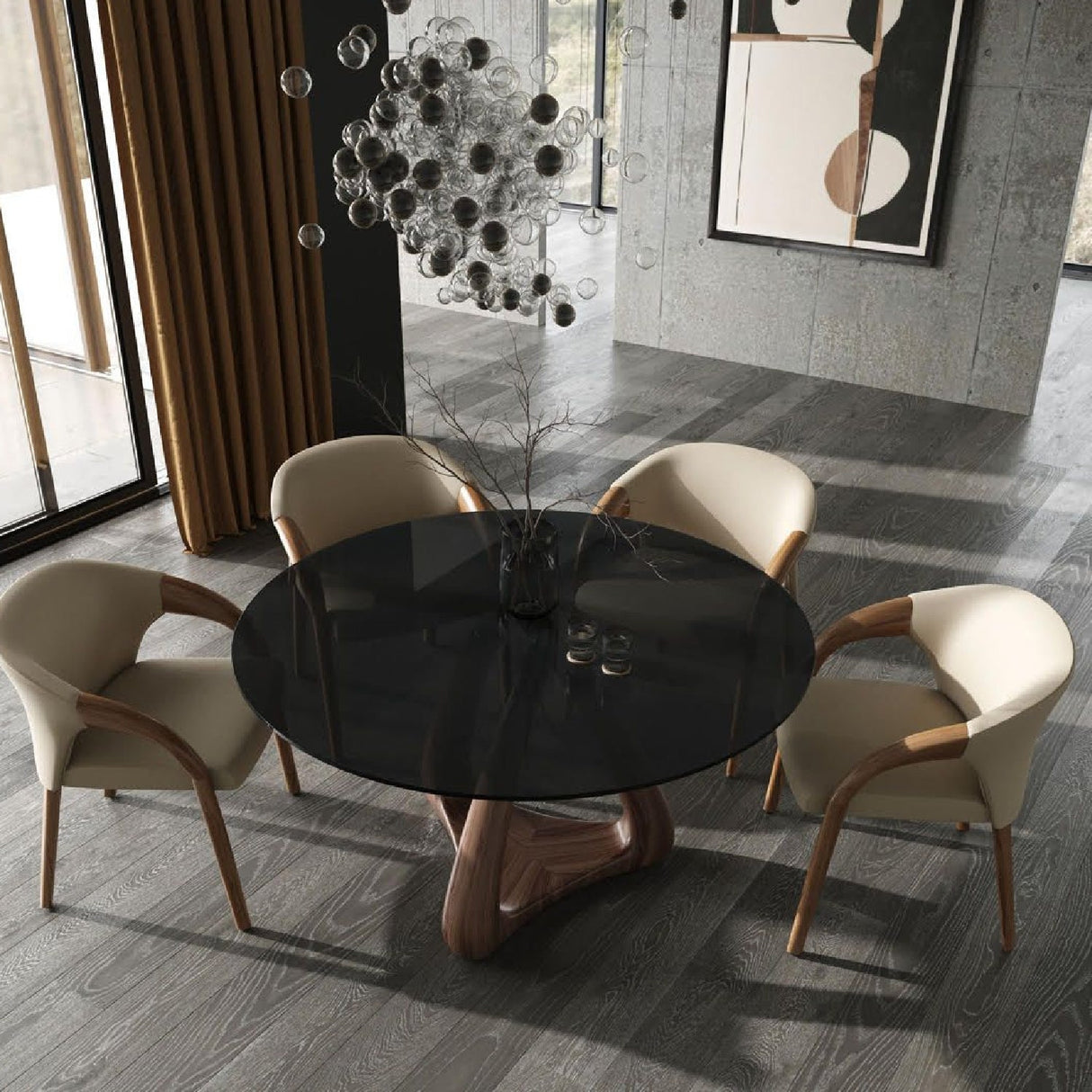 Gray Glass Round Dining Table – Christine – angled view