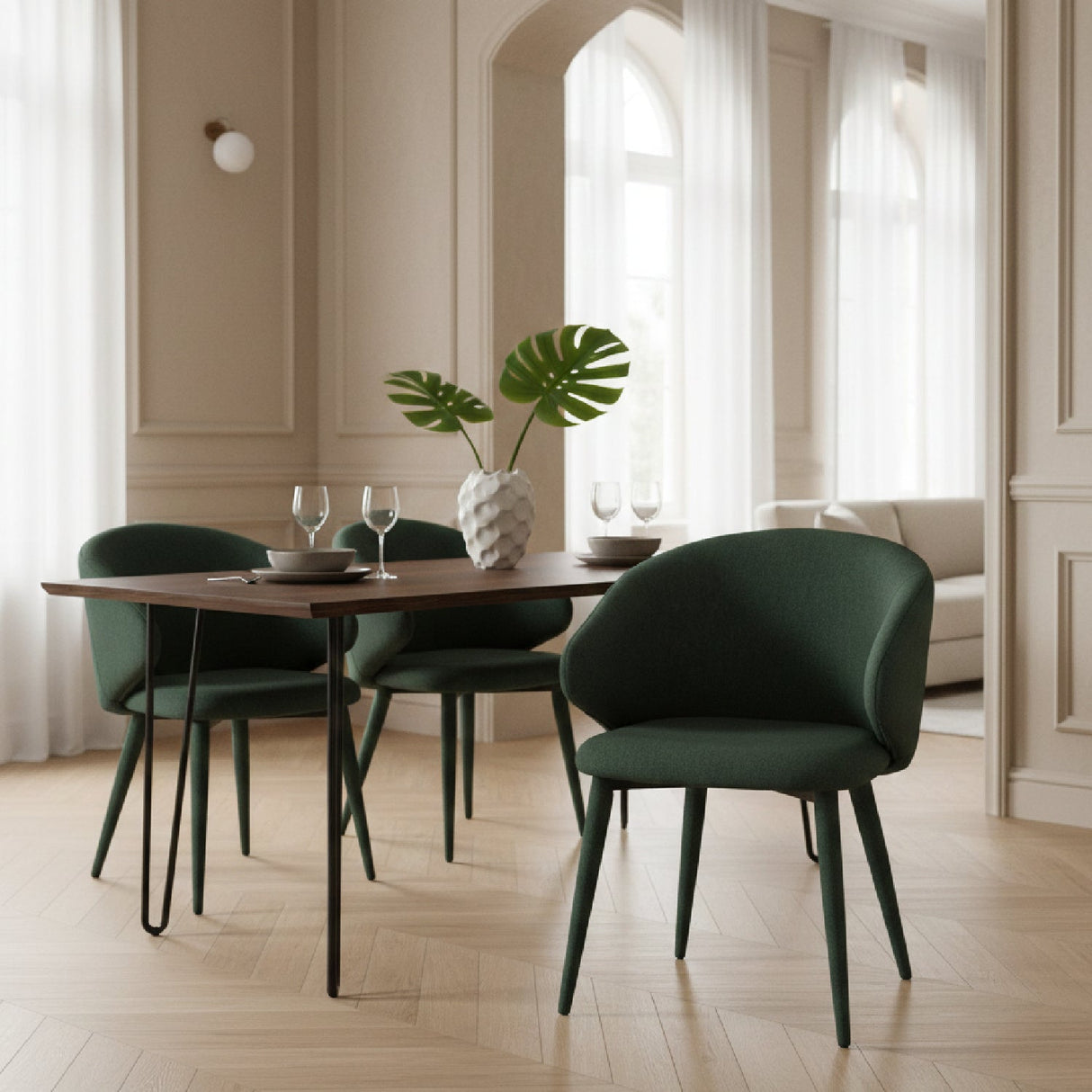 Green Linen Dining Chairs (2) – Keller – angled view