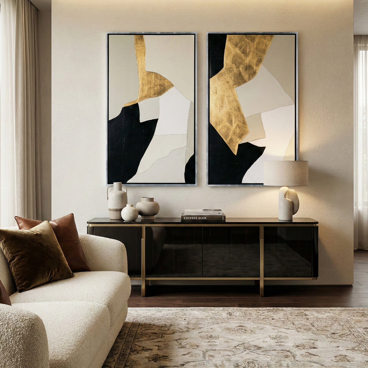 Gold Leaf Abstract Painting Set (2) – Shapes – angled view