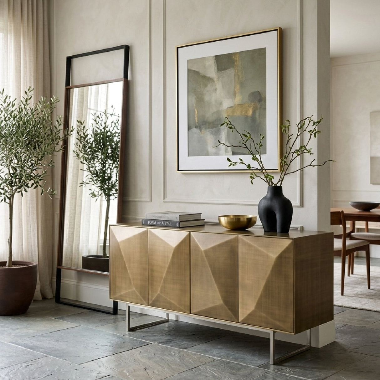 Faceted Antique Brass Sideboard – Vanguard – angled view