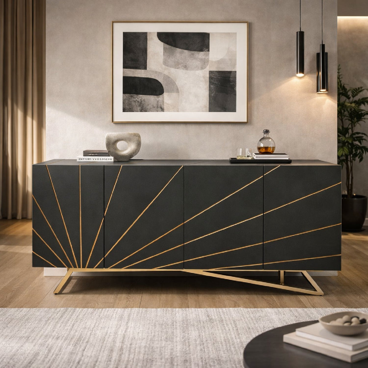 Rose Gold Inlaid 4-Door Sideboard – Katzu – angled view