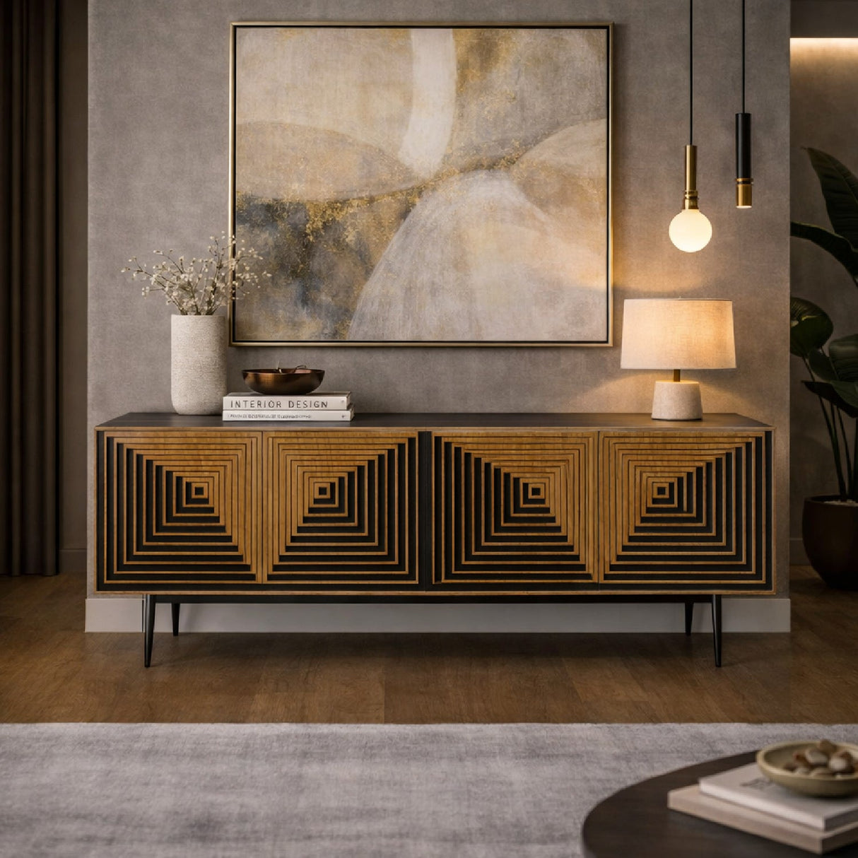 Geometric Patterned Oak Sideboard – Azteca – angled view