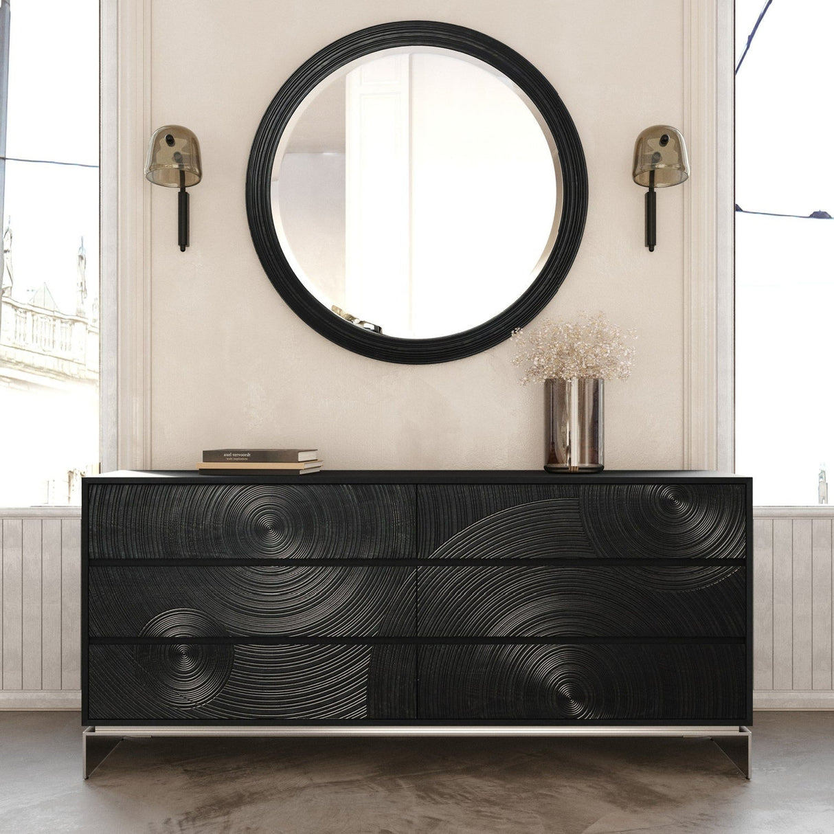 Matte Black Ash 6-Drawer Dresser – Cirque – angled view