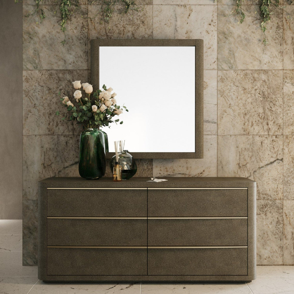 Beige Shagreen 6-Drawer Dresser – Lois – angled view