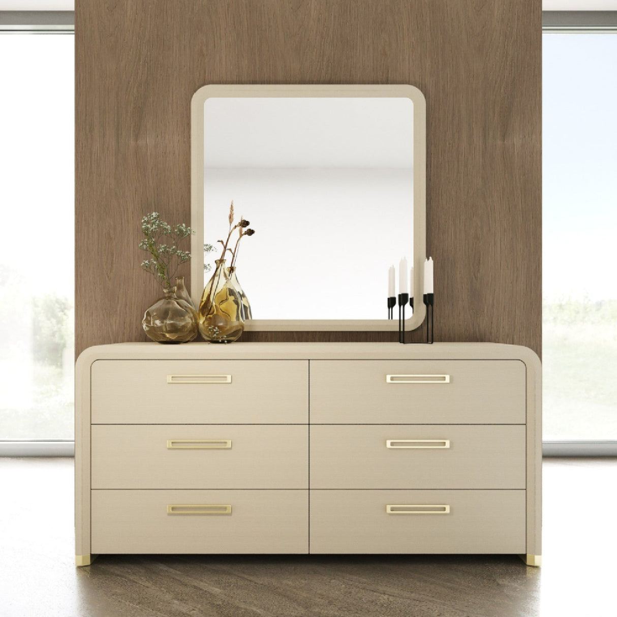 Beige Vegan Leather 6-Drawer Dresser – Florence – angled view
