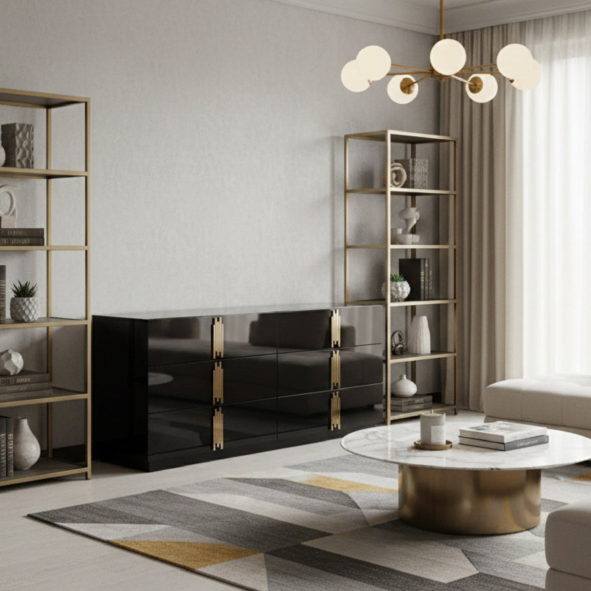 Mirrored Black 6-Drawer Dresser – Token – angled view