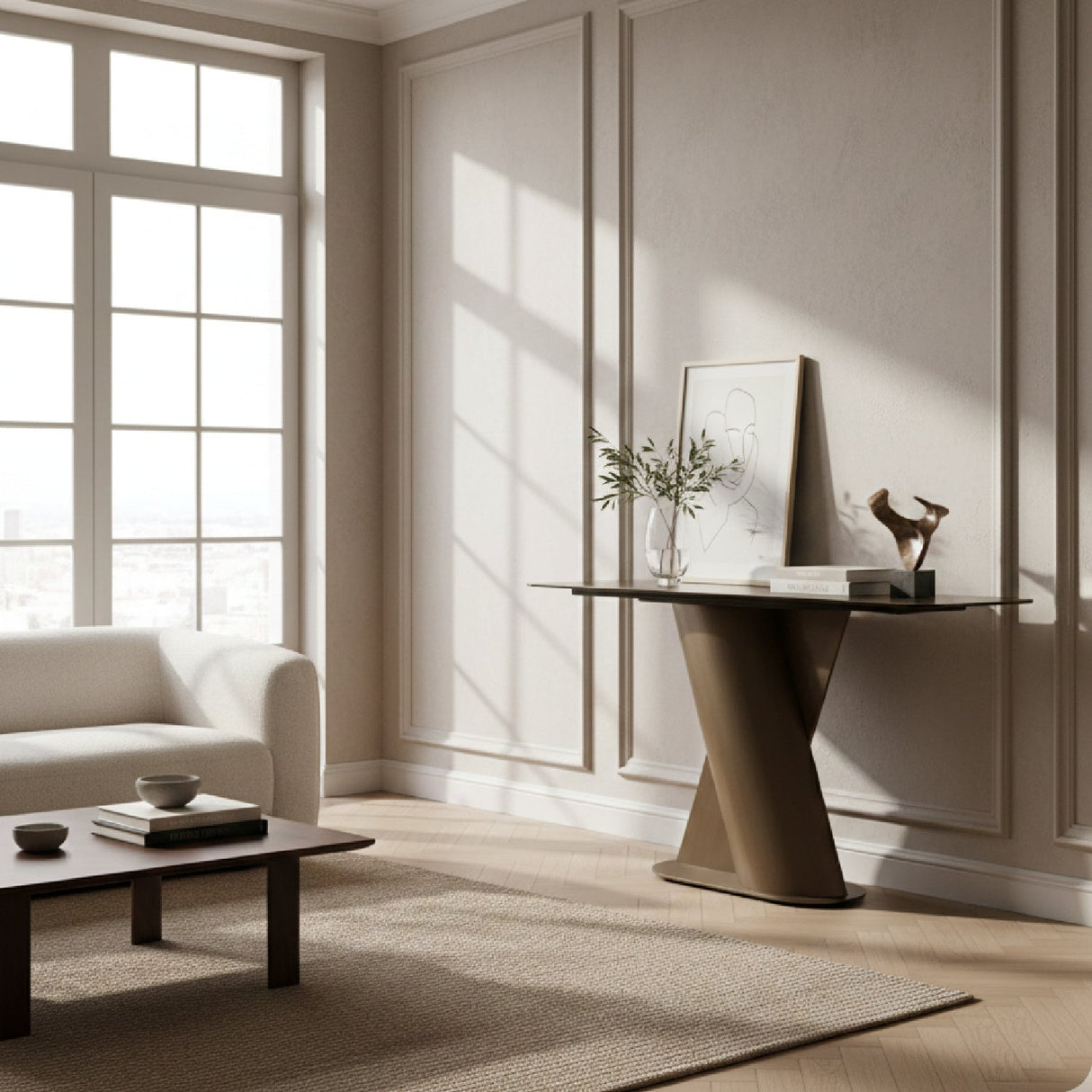 Travertine Bronze Console Table – Kiefer – angled view