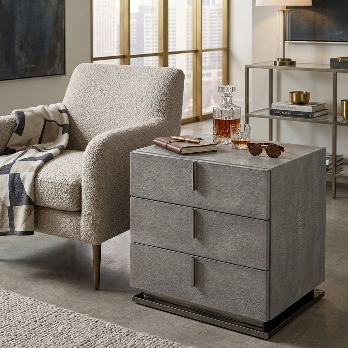 Gray Crackle 3-Drawer Nightstand – Buckley – angled view