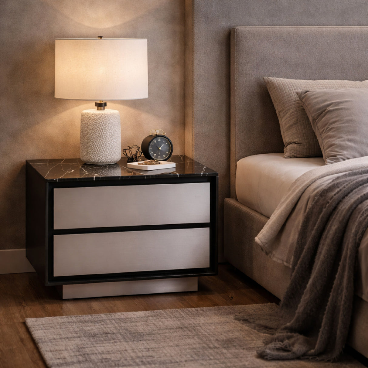 2-Drawer Aluminum Nightstand – Concord – angled view