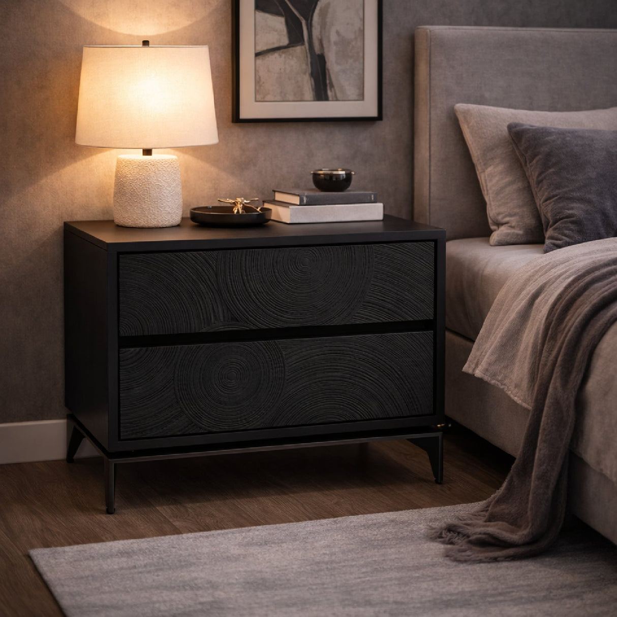 Matte Black Ash 2-Drawer Nightstand – Cirque – angled view