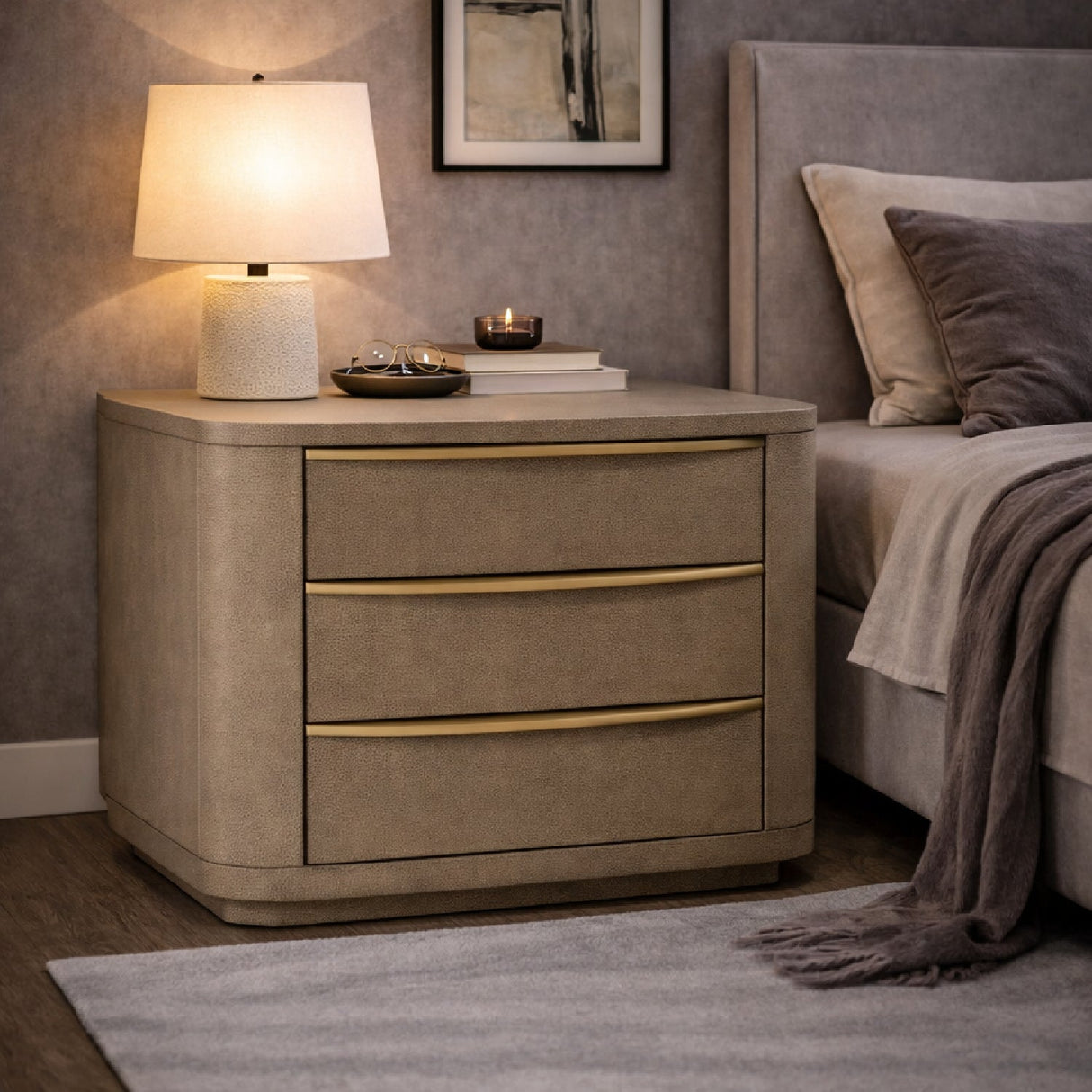 Beige Shagreen 3-Drawer Nightstand – Lois – angled view