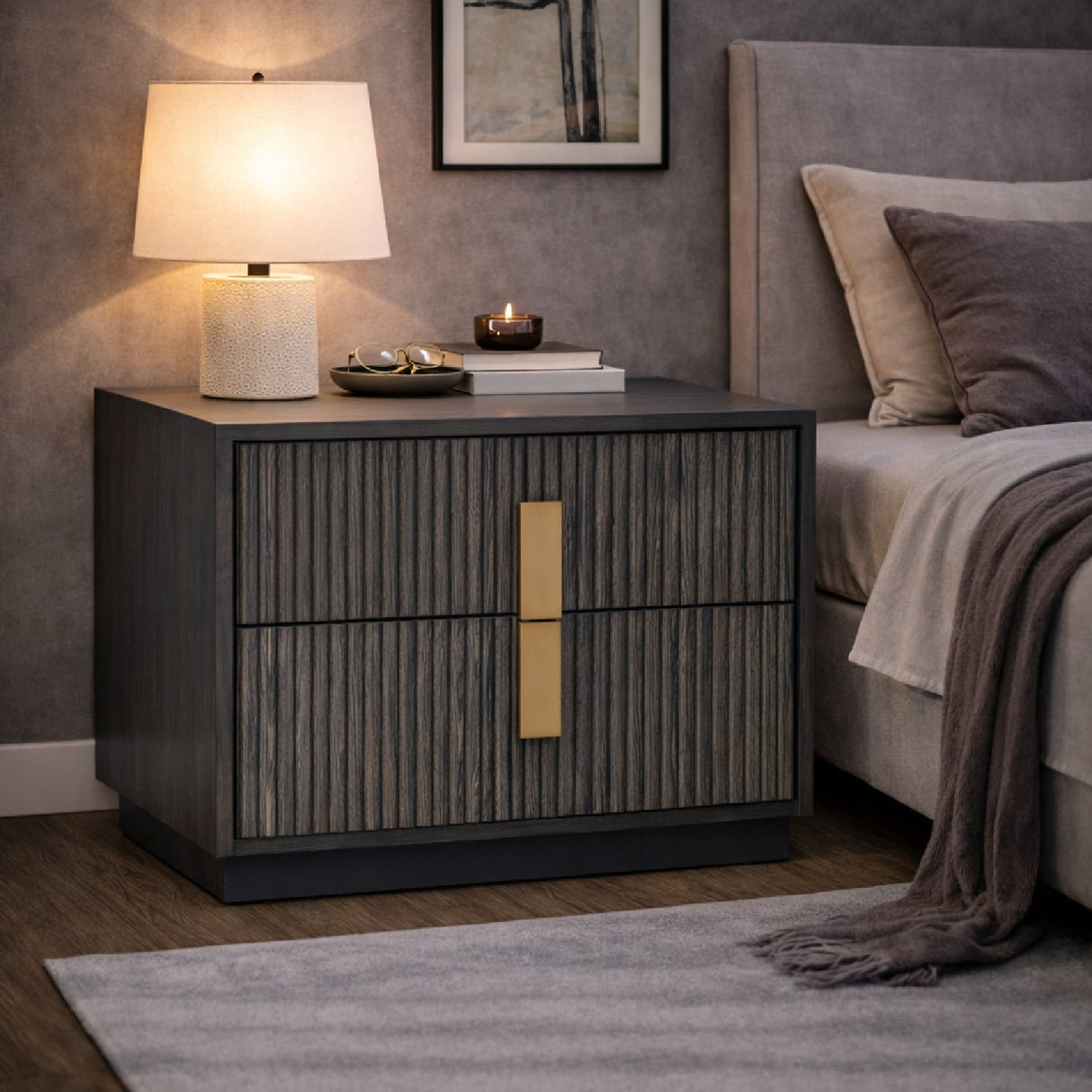 Distressed Black 2-Drawer Nightstand – Hortman – angled view