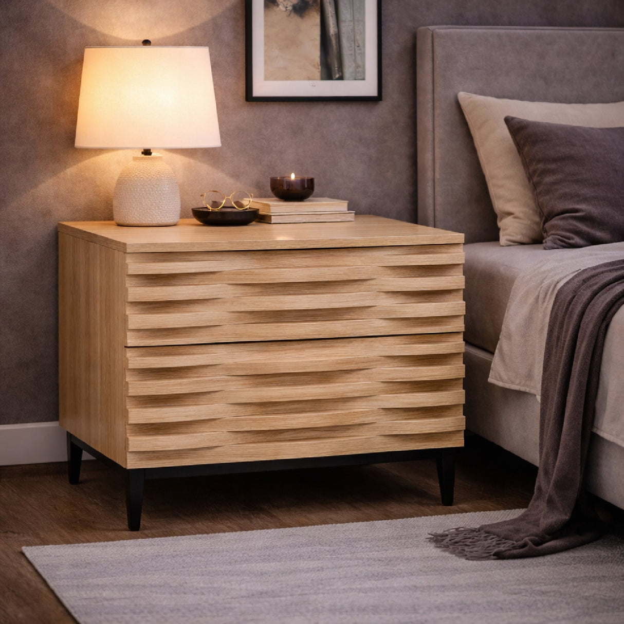 Natural Oak 2-Drawer Nightstand – Larkspur – angled view