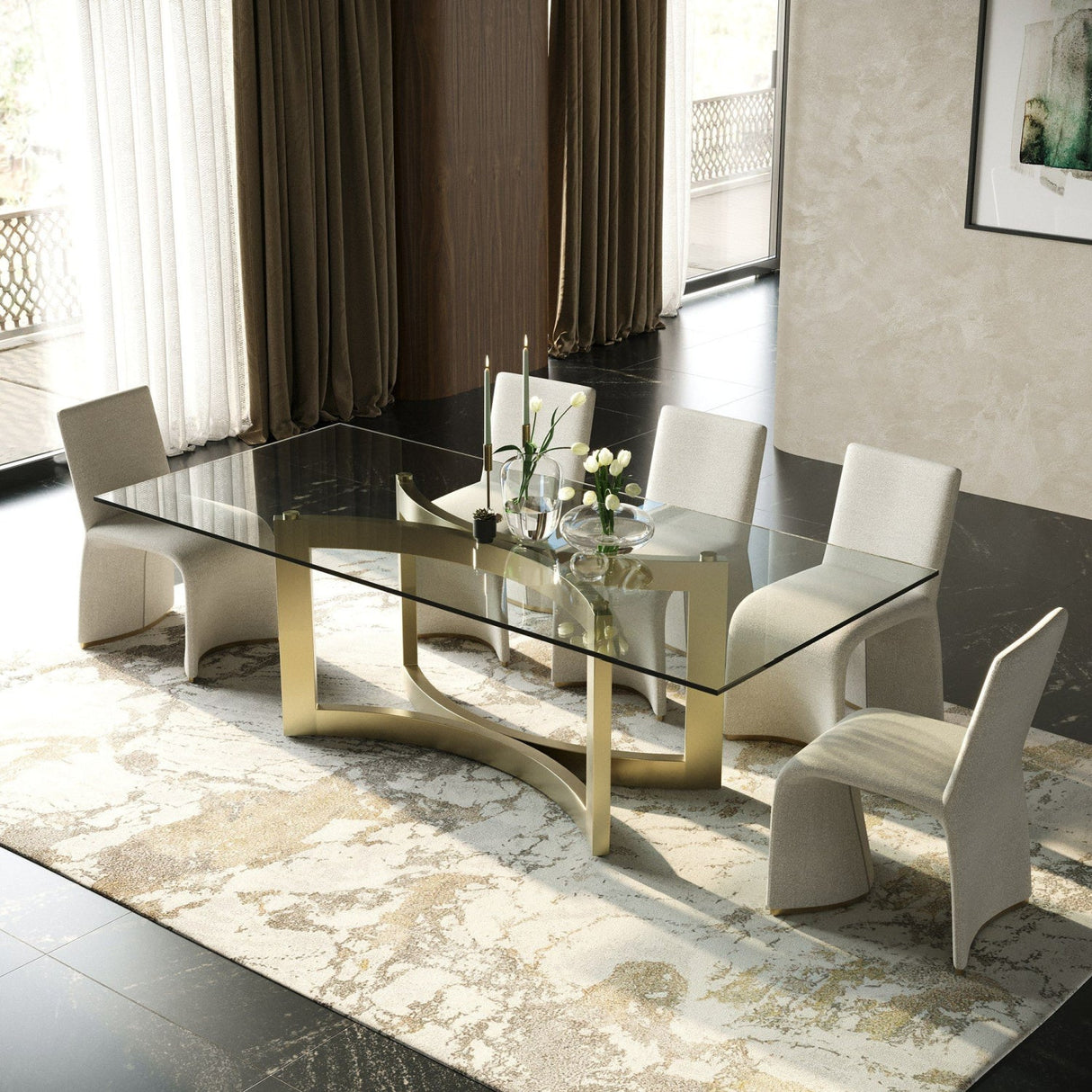 Brushed Brass Base Dining Table – Mingus – angled view