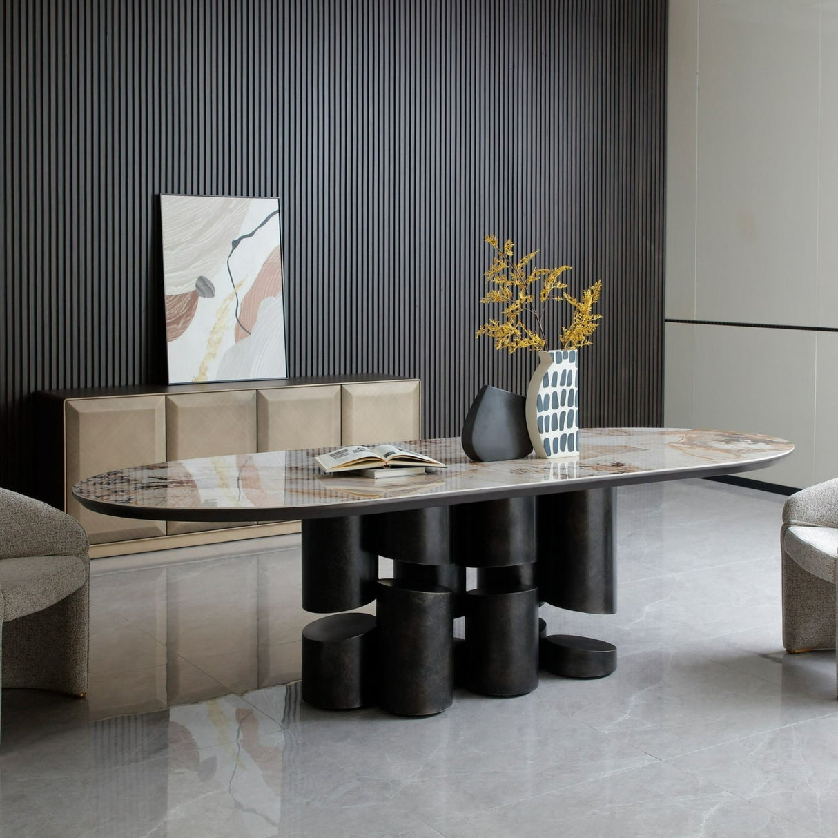 Modern European furniture - Gray Brass Oval Dining Table - www.oroa.com