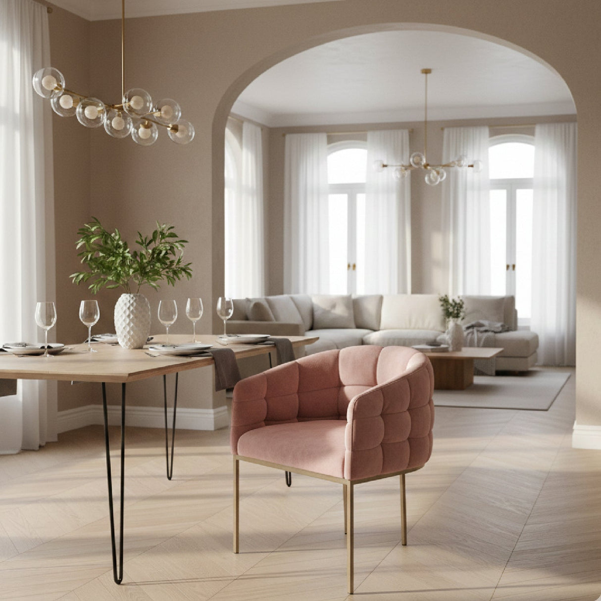 Hexagonal-Padded Pink Velvet Dining Chair – Debra – angled view