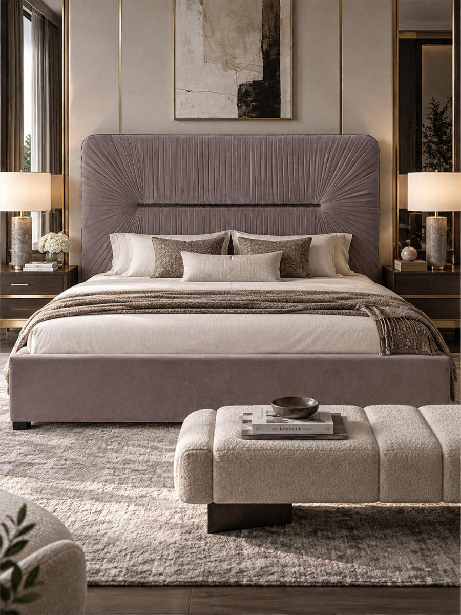 Pleated Gray Velvet Eastern King Bed | OROA Modern Duke