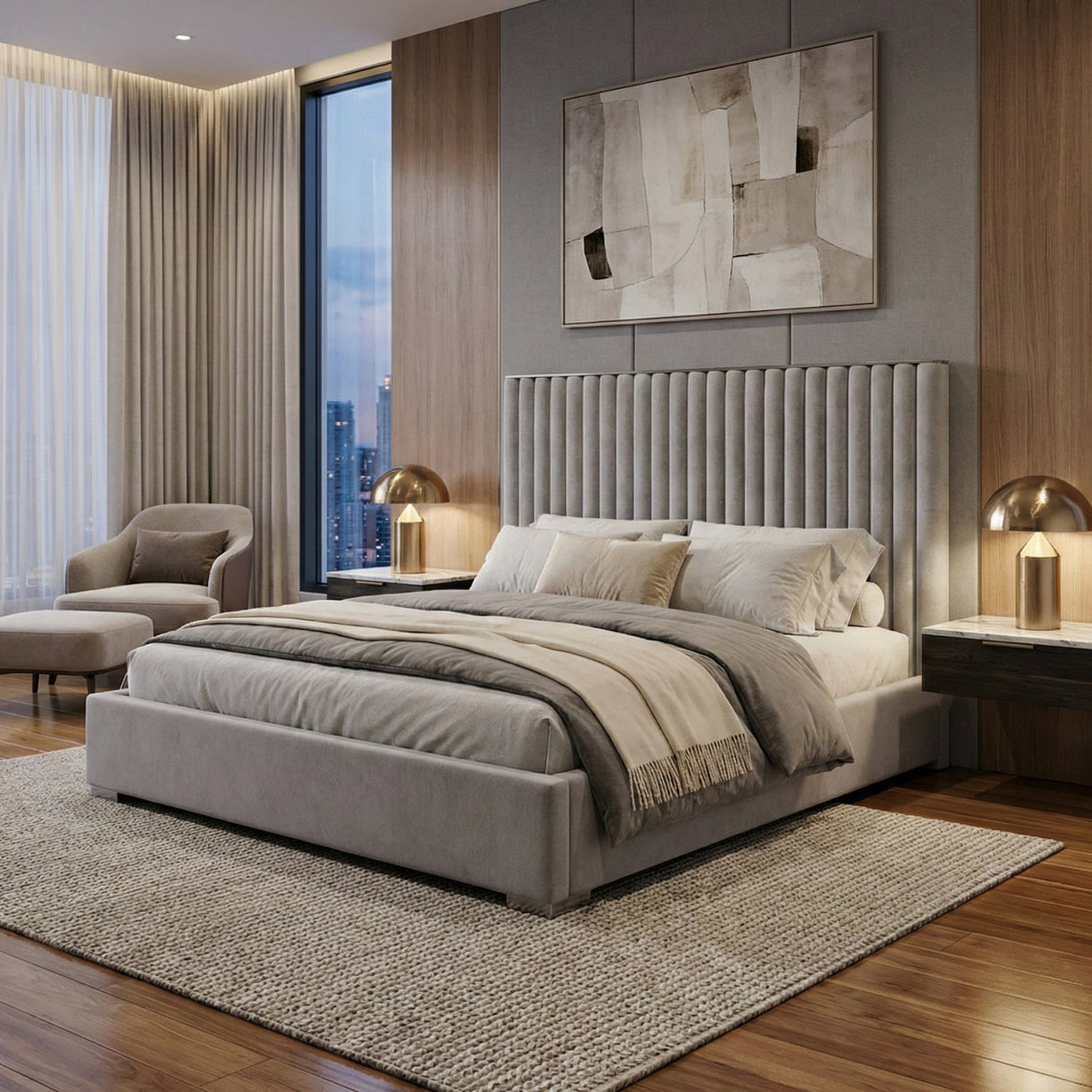 Gray Velvet King Platform Bed – Splendor – angled view