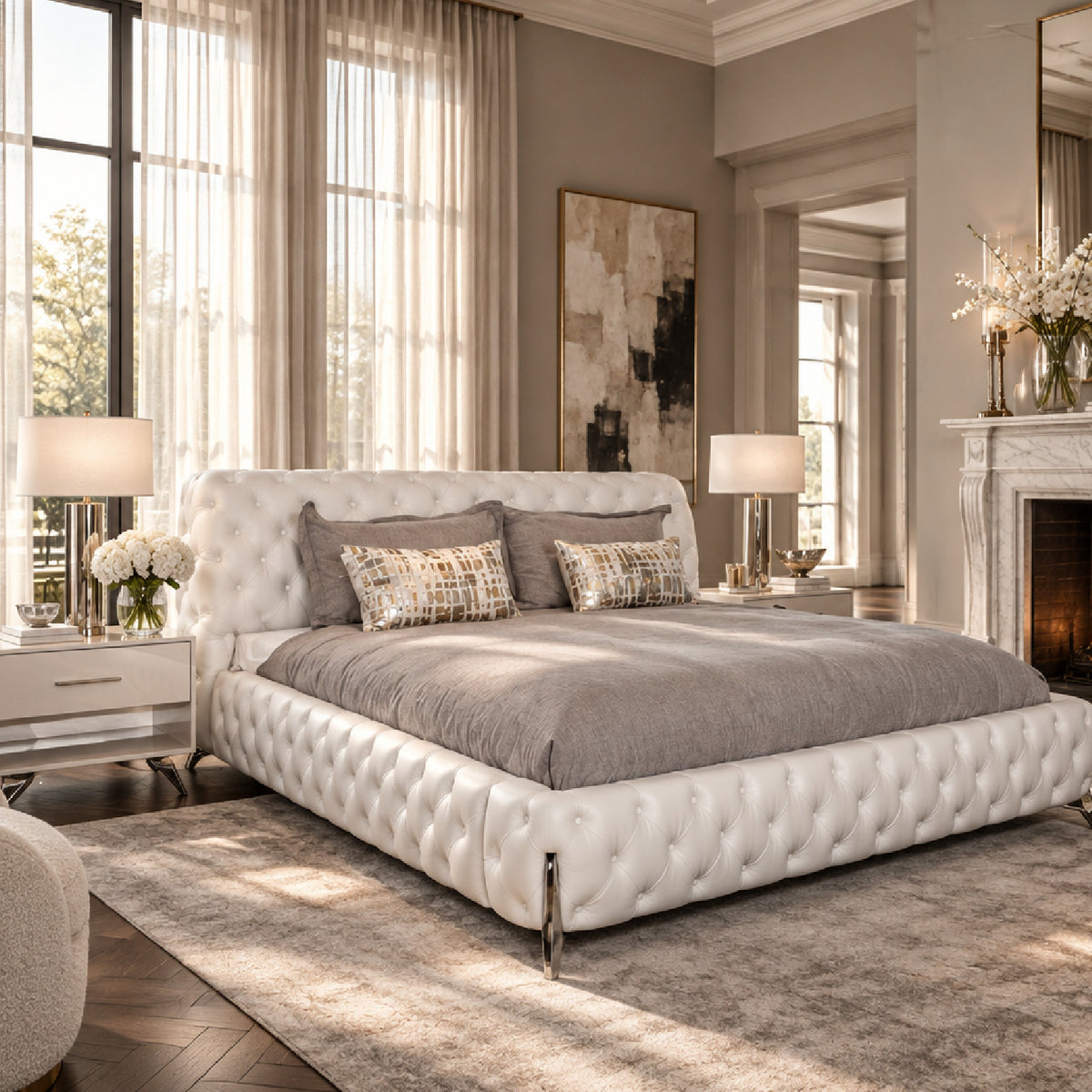 Modern European furniture - White Tufted Leather Bed - www.oroa.com