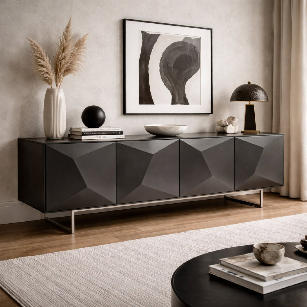 Gray Faceted 4-Door Sideboard – Vanguard – angled view