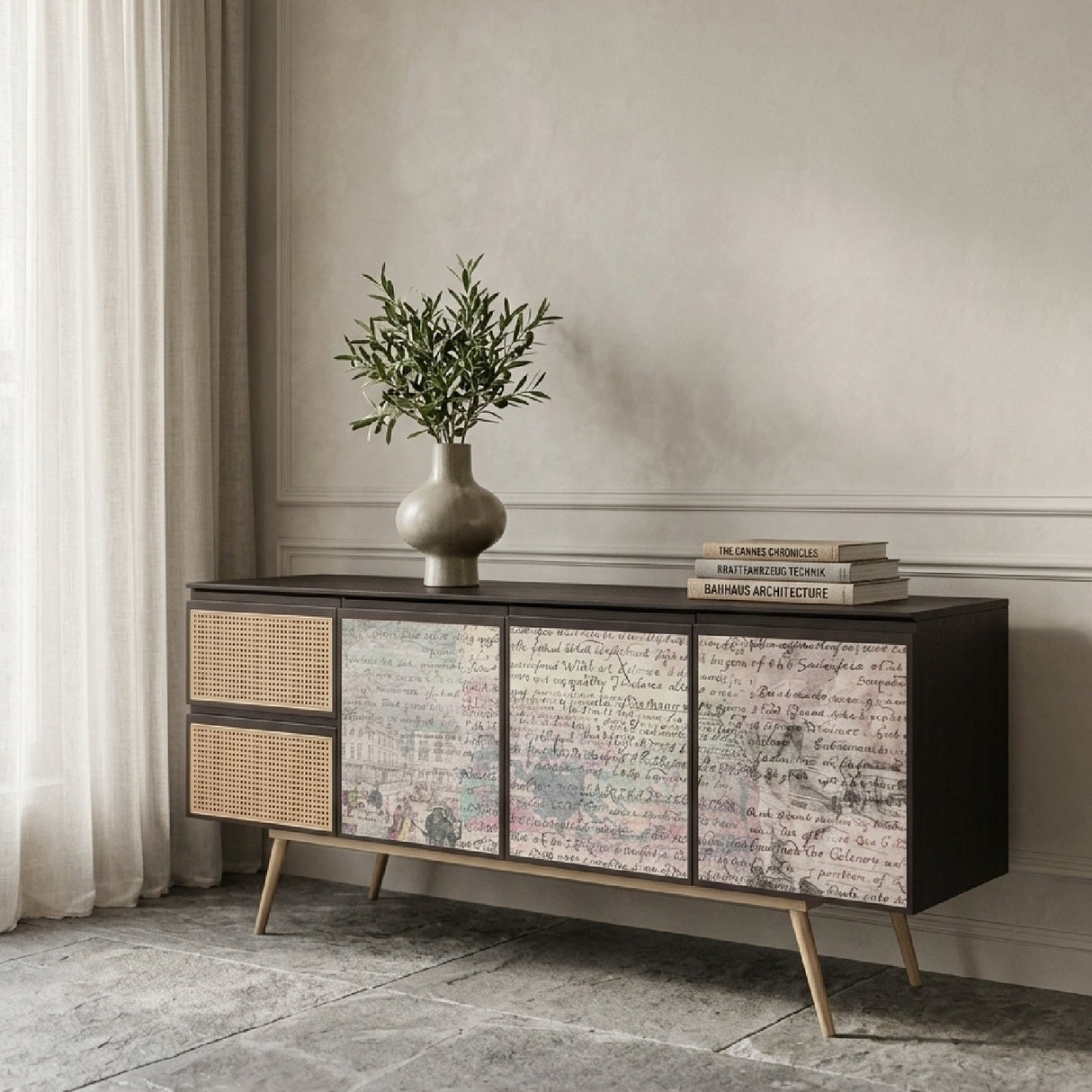 Smoked Ash 3-Door Sideboard – Phelan – angled view