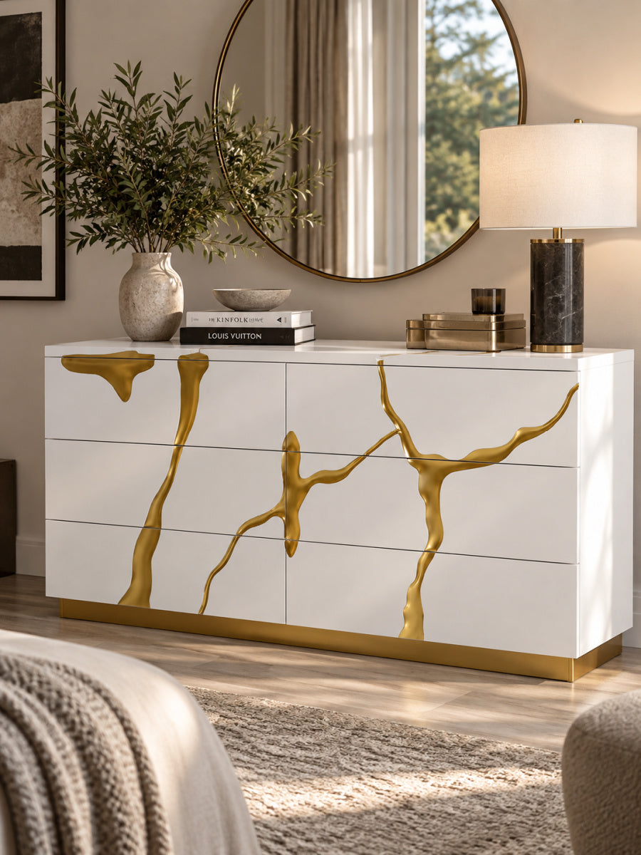 White & Gold 6-Drawer Dresser | OROA Modern Aspen