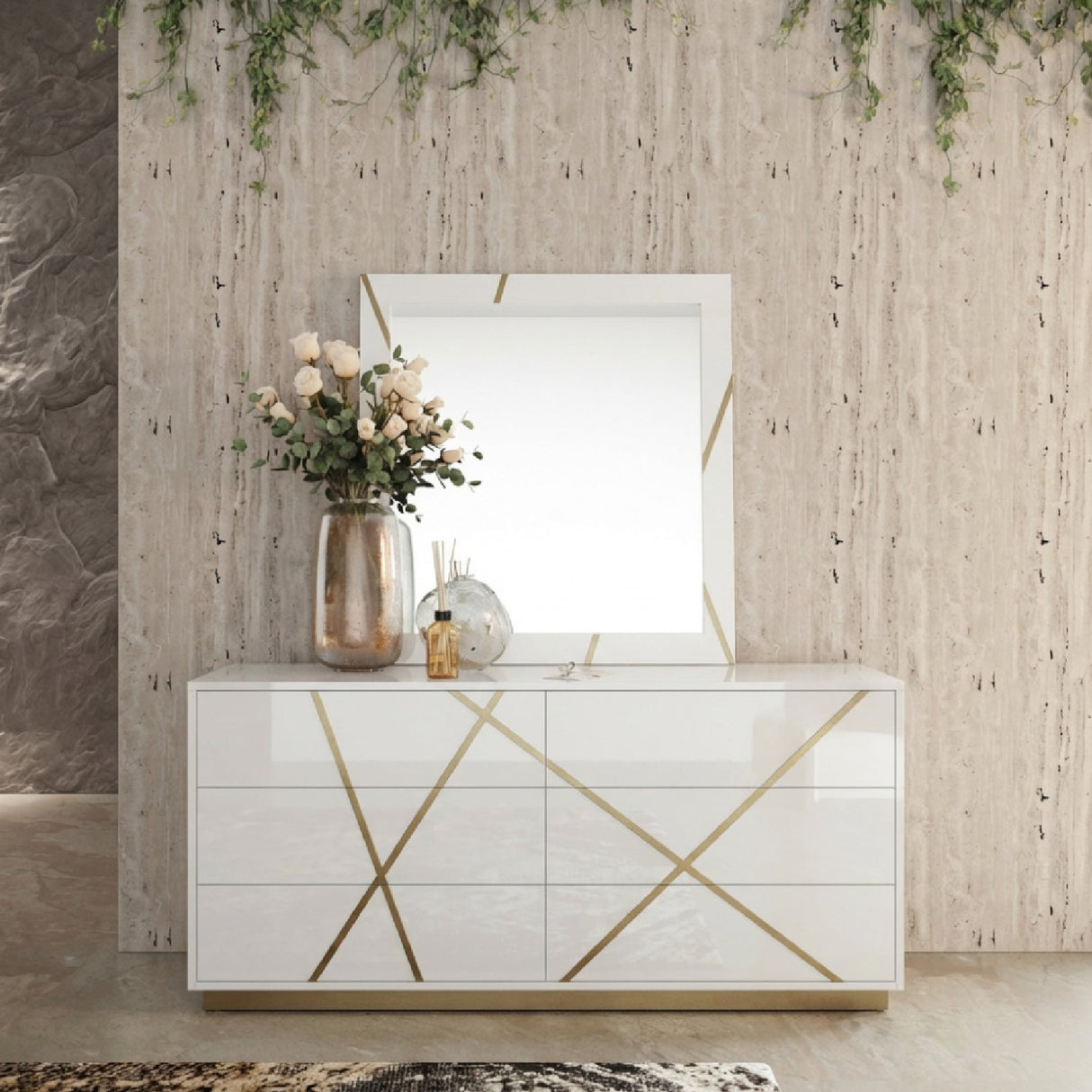 Glossy White 6-Drawer Dresser – Nixa – angled view