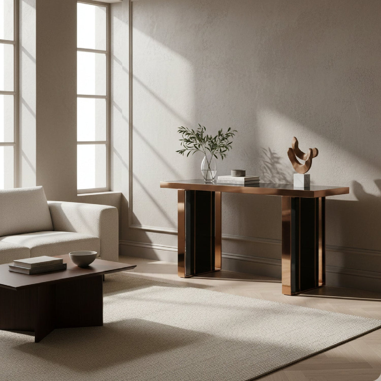 Black Glass Console Table – Cartier – angled view