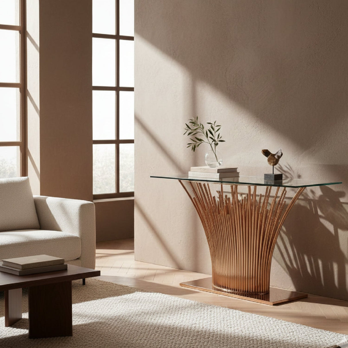 Rosegold Base Console Table – Paxton – angled view