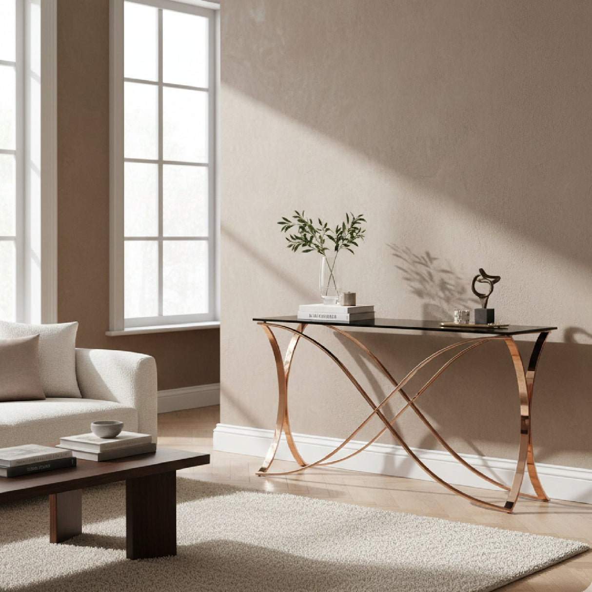 Smoked Glass Console Table – Reklaw – angled view
