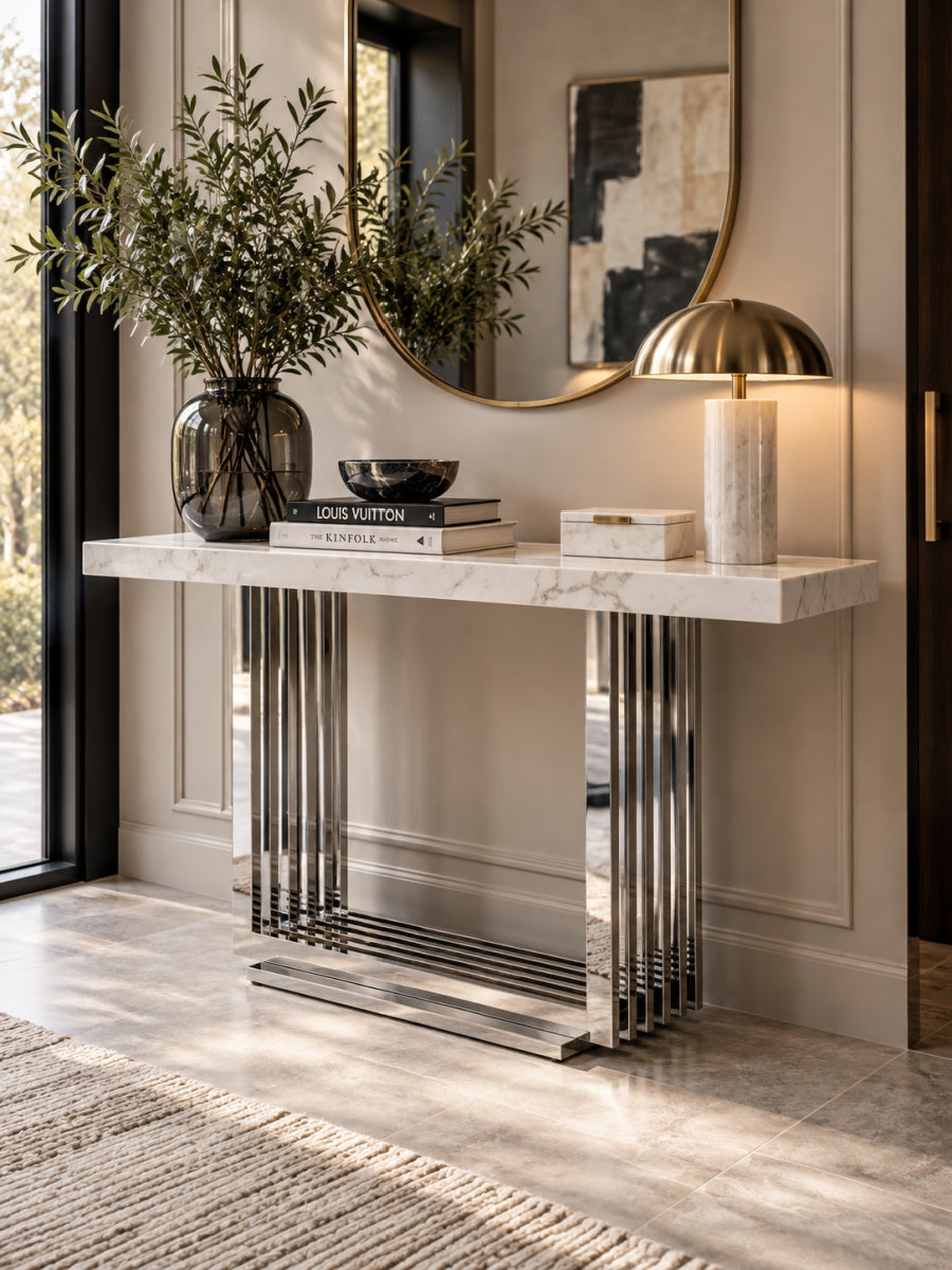 White Marble & Stainless Steel Console Table | OROA Modern Kingsley
