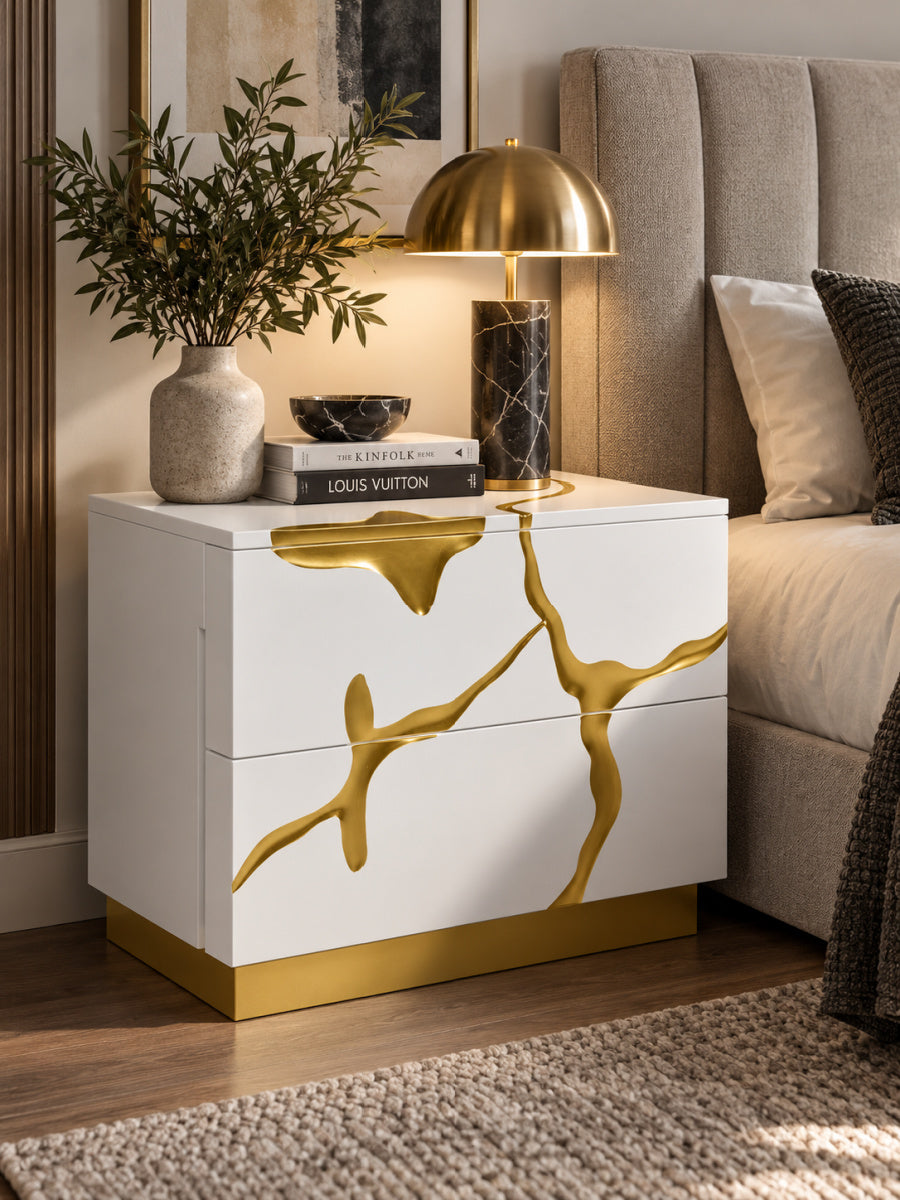 White & Gold 2-Drawer Nightstand | OROA Modern Aspen