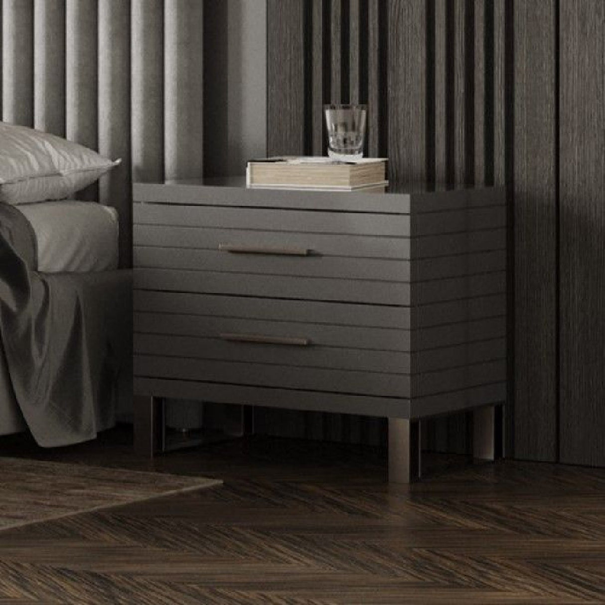 Gray Slatted 2-Drawer Nightstand – Splendor – angled view