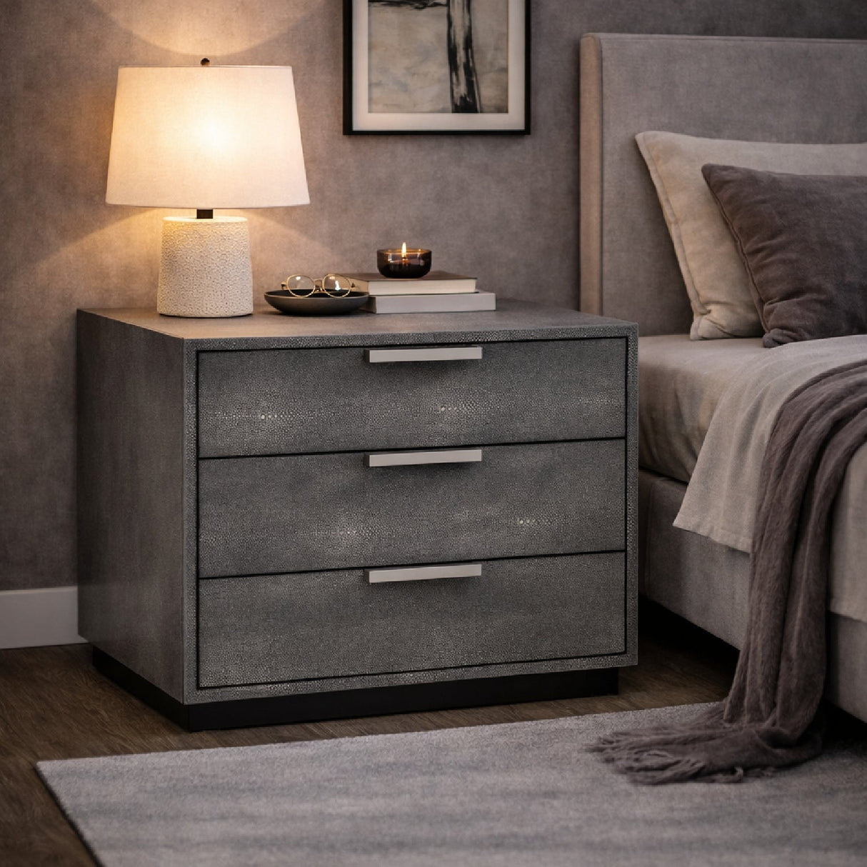 Dark Shagreen 3-Drawer Nightstand – Dynasty – angled view