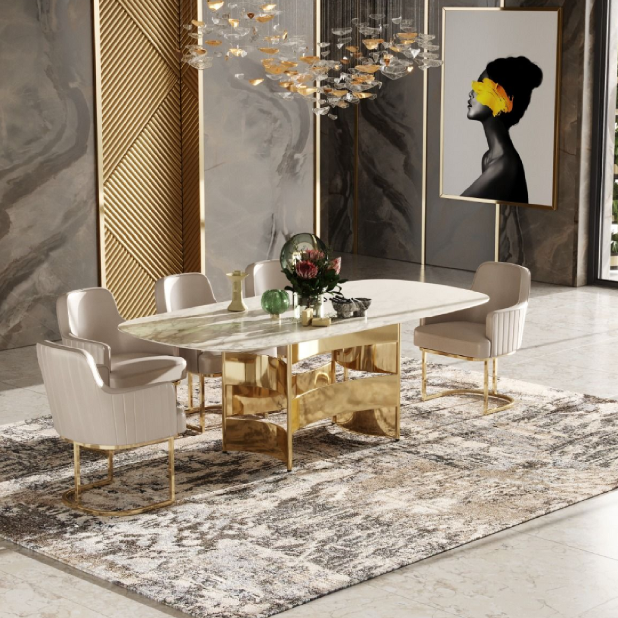 White Marble Gold Dining Table – Marmot – angled view