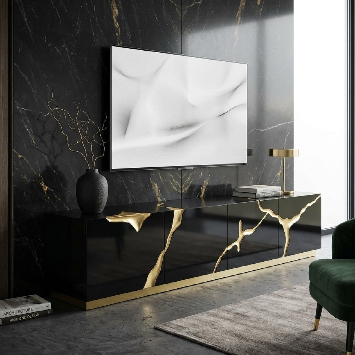 Black High Gloss & Gold TV Stand | OROA Modern Aspen | Oroa.com