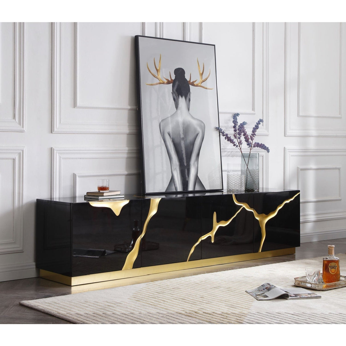 Black High Gloss & Gold TV Stand | OROA Modern Aspen | Oroa.com