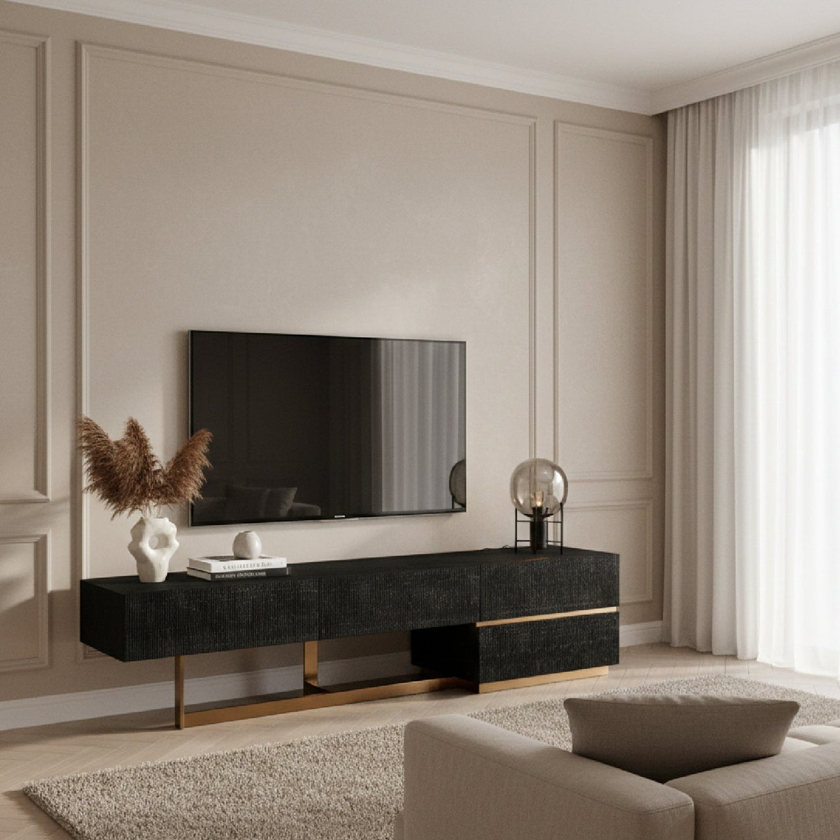 Black Ash 4-Drawer TV Stand – Tasha – angled view