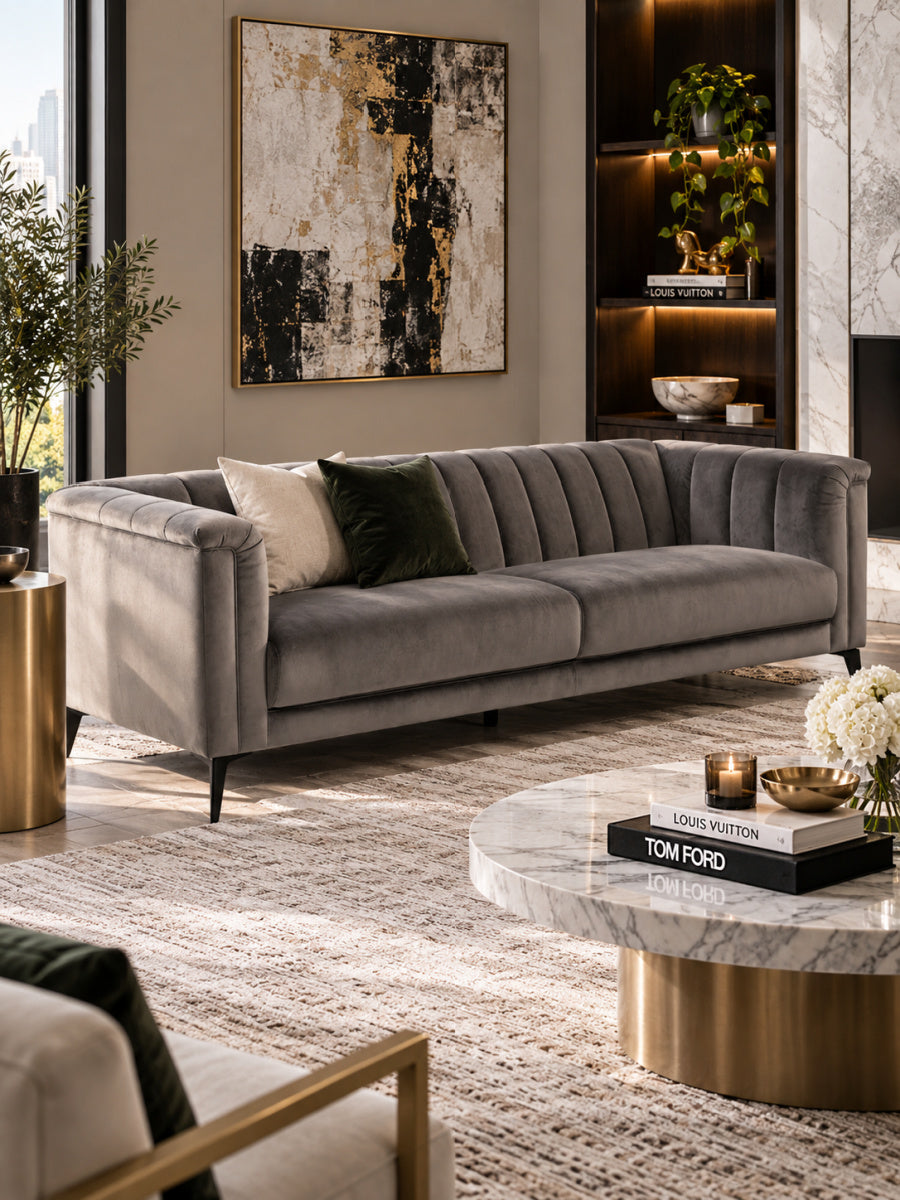 Gray Velvet Channeled Sofa | OROA Modern Jeremy