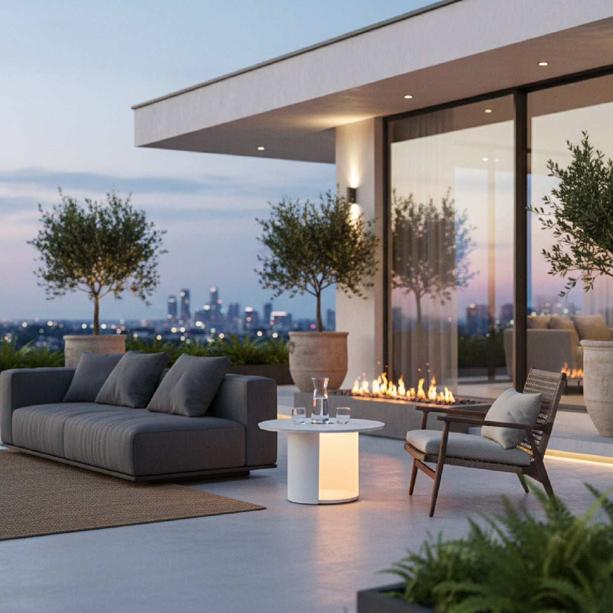 Outdoor White End Table with Solar Light M – Onza – angled view