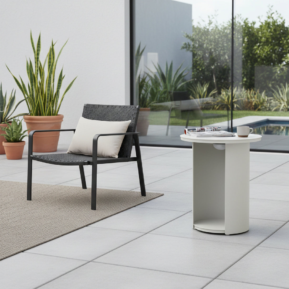 Outdoor White End Table with Solar Light S – Onza – angled view