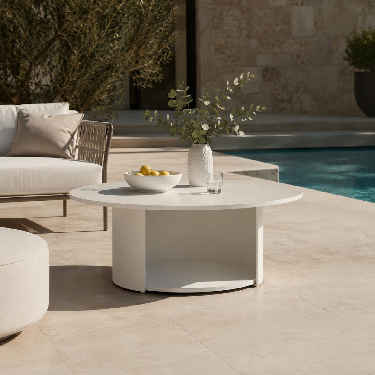 Round Outdoor White Coffee Table – Onza – angled view