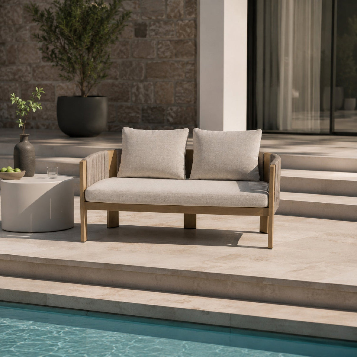 Outdoor Gray Rope Loveseat – Salvora – angled view
